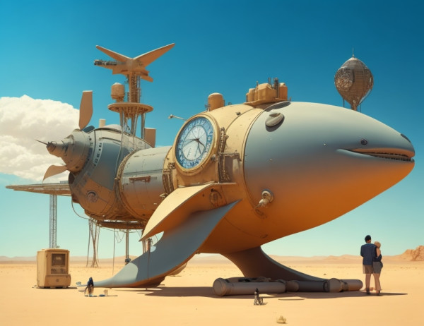 DreamShaper_v7_A_retro_futuristic_clock_in_the_desert_whales_w_0.jpg